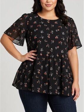 PENNINGTONS Black Floral Top with a Ruffle Layer and Sheer Sleeves 4X